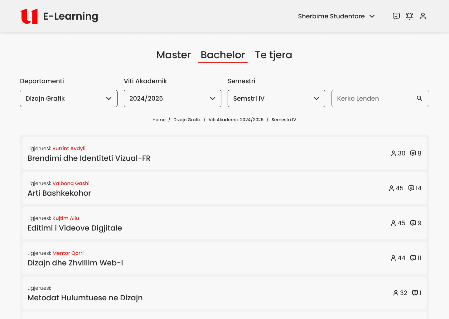 Subject list view — filtered subjects with lecturer, students, and activity
